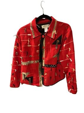 vintage 90s Orvis tapestry jacket artsy tribal patterns, patches   Tassels med